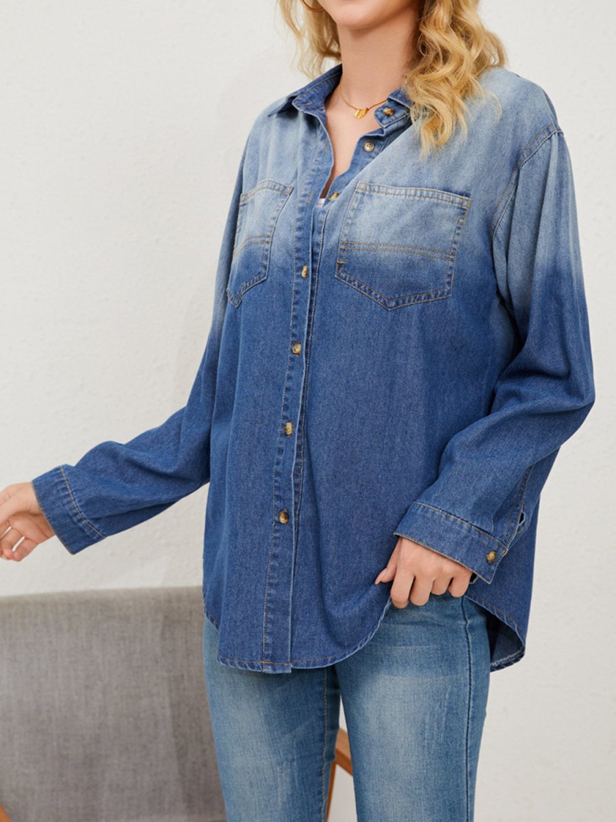 Button Up Long Sleeve Denim Jacket - Outerwear