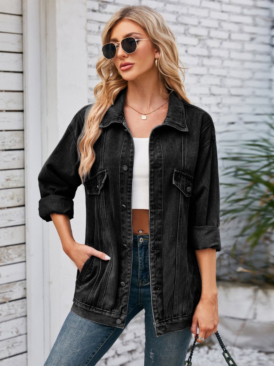 Button Up Long Sleeve Denim Jacket - Outerwear