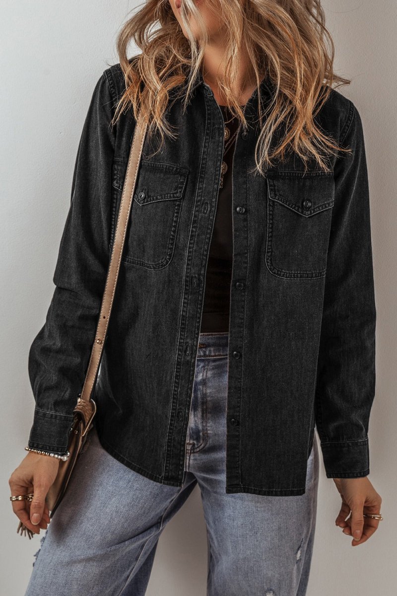 Button Up Long Sleeve Denim Jacket - Outerwear