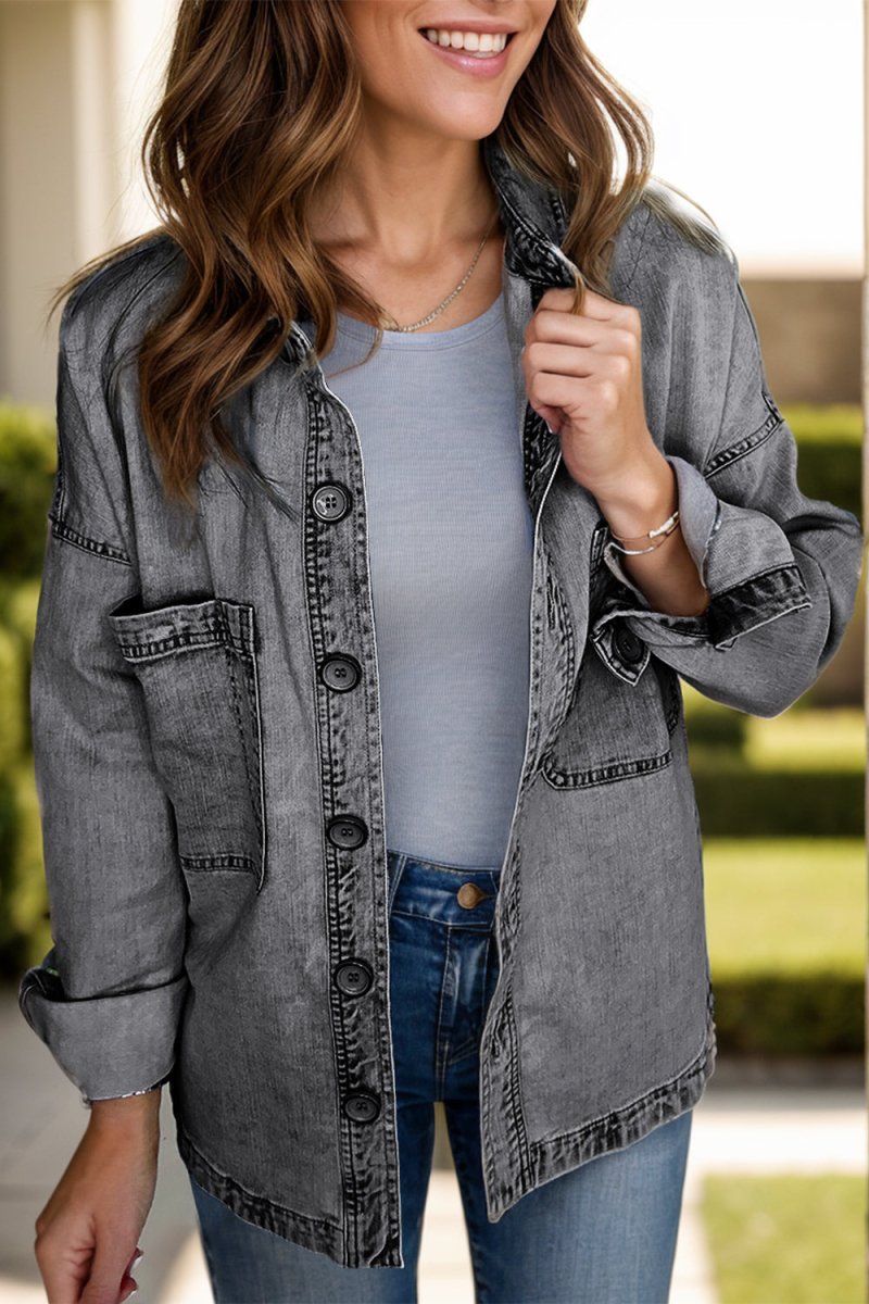 Button Up Long Sleeve Denim Jacket - Outerwear