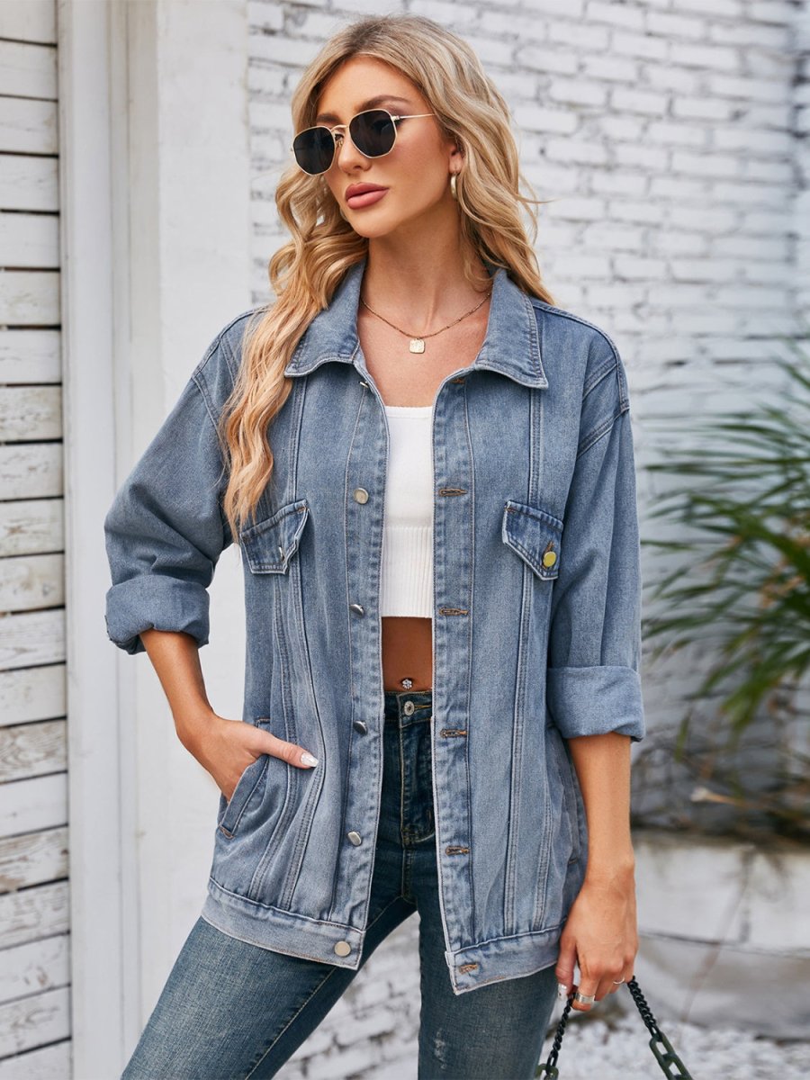 Button Up Long Sleeve Denim Jacket - Outerwear