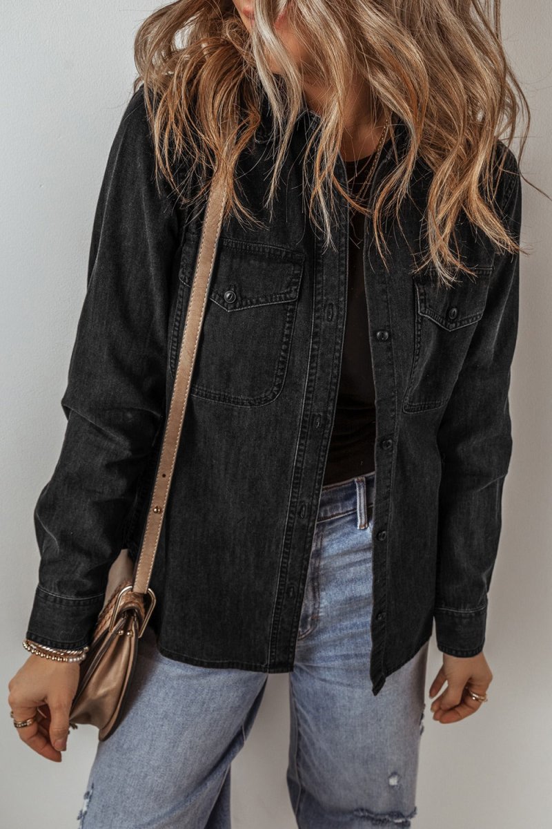 Button Up Long Sleeve Denim Jacket - Outerwear