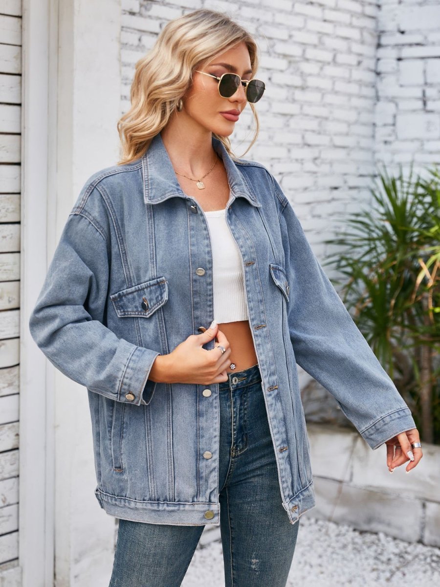 Button Up Long Sleeve Denim Jacket - Outerwear