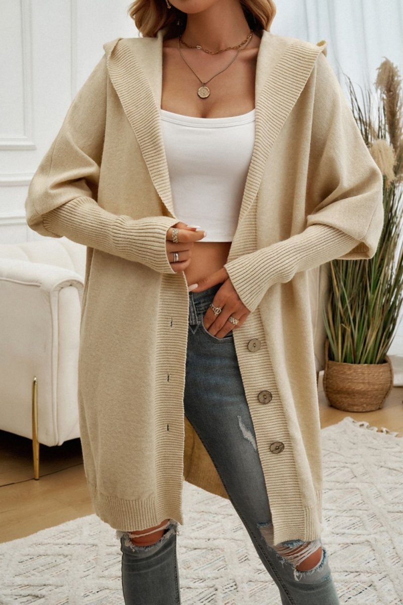 Button Up Long Sleeve Hooded Cardigan - Outerwear
