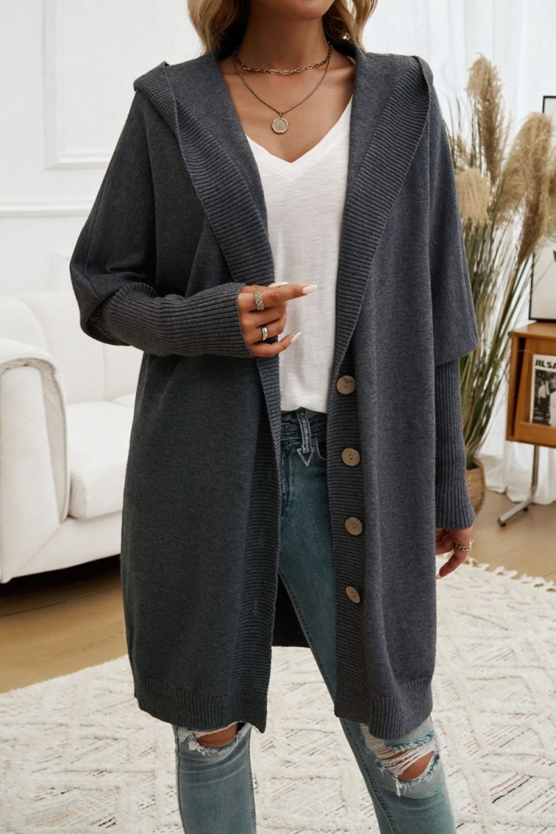 Button Up Long Sleeve Hooded Cardigan - Outerwear