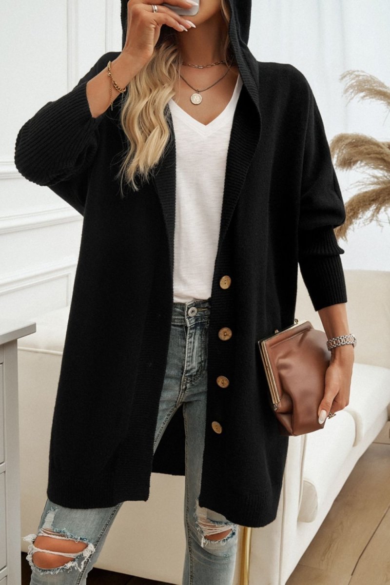 Button Up Long Sleeve Hooded Cardigan - Outerwear