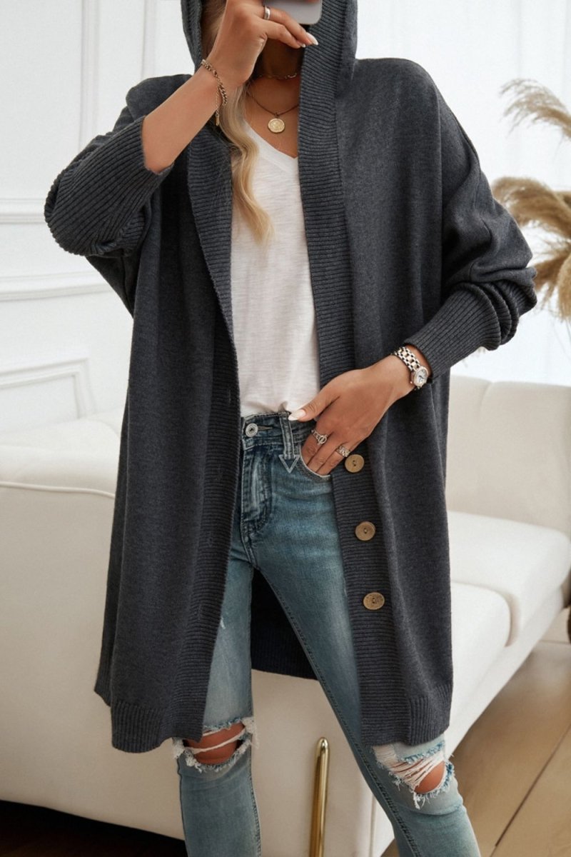 Button Up Long Sleeve Hooded Cardigan - Outerwear
