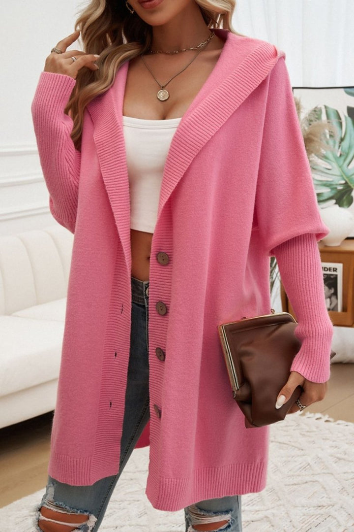 Button Up Long Sleeve Hooded Cardigan - Outerwear