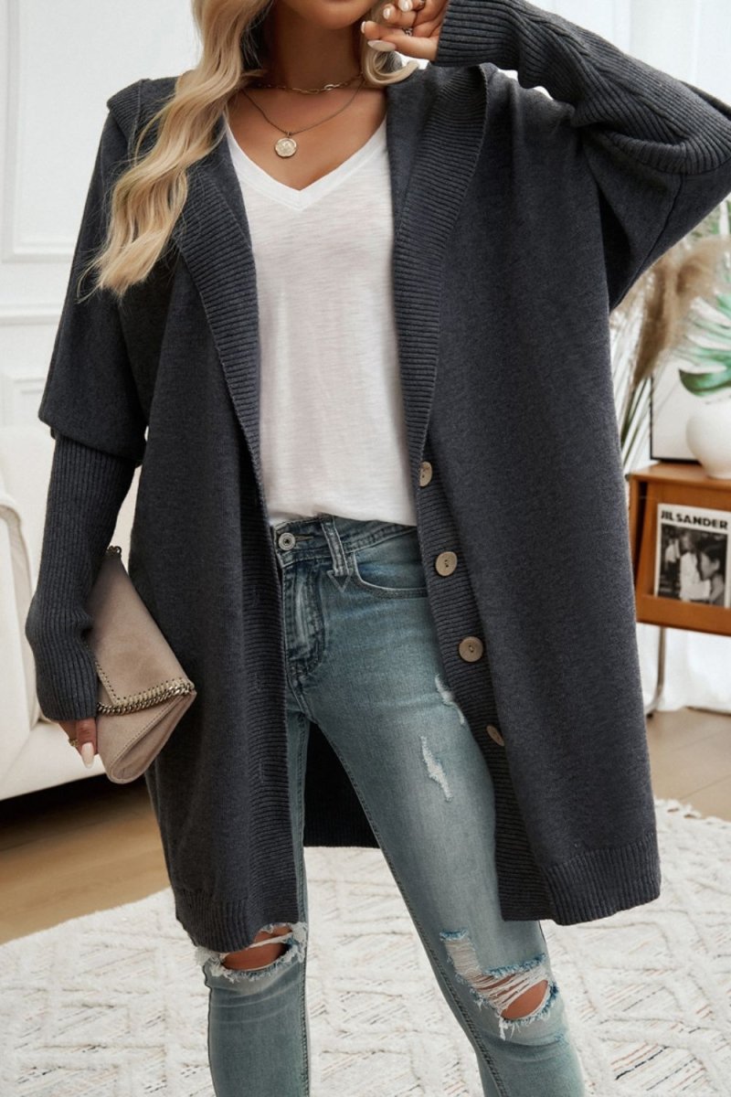 Button Up Long Sleeve Hooded Cardigan - Outerwear
