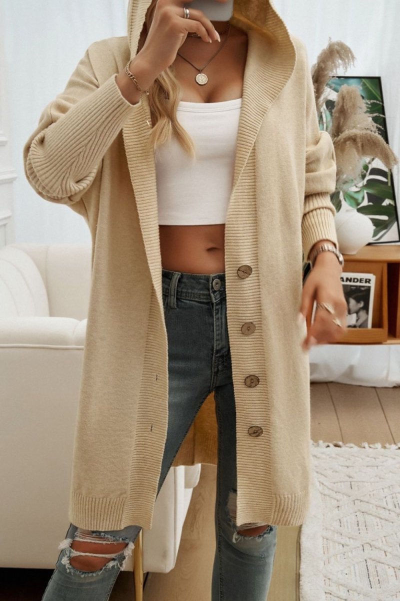 Button Up Long Sleeve Hooded Cardigan - Outerwear