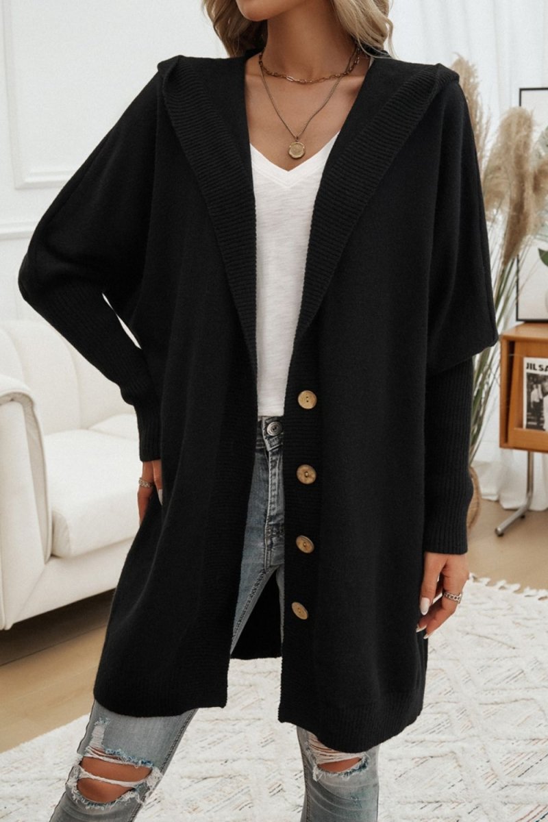 Button Up Long Sleeve Hooded Cardigan - Outerwear