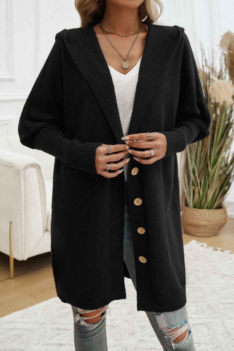 Button Up Long Sleeve Hooded Cardigan - Outerwear