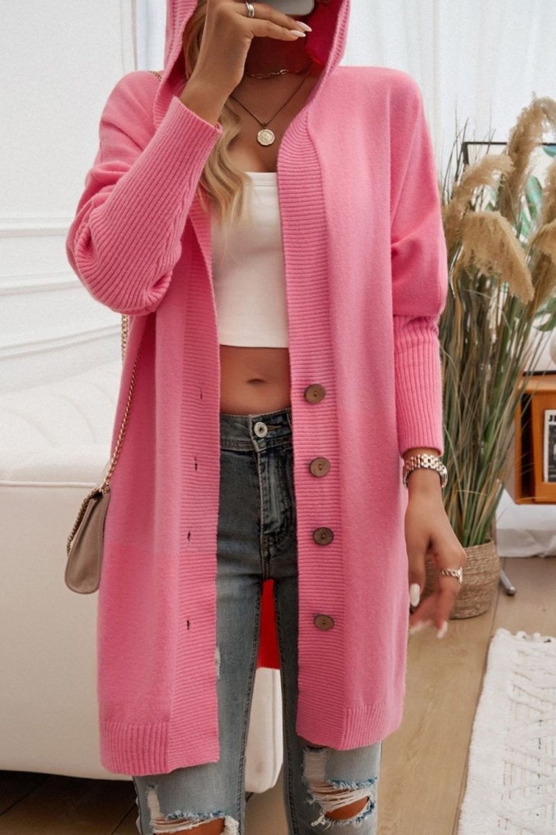 Button Up Long Sleeve Hooded Cardigan - Outerwear
