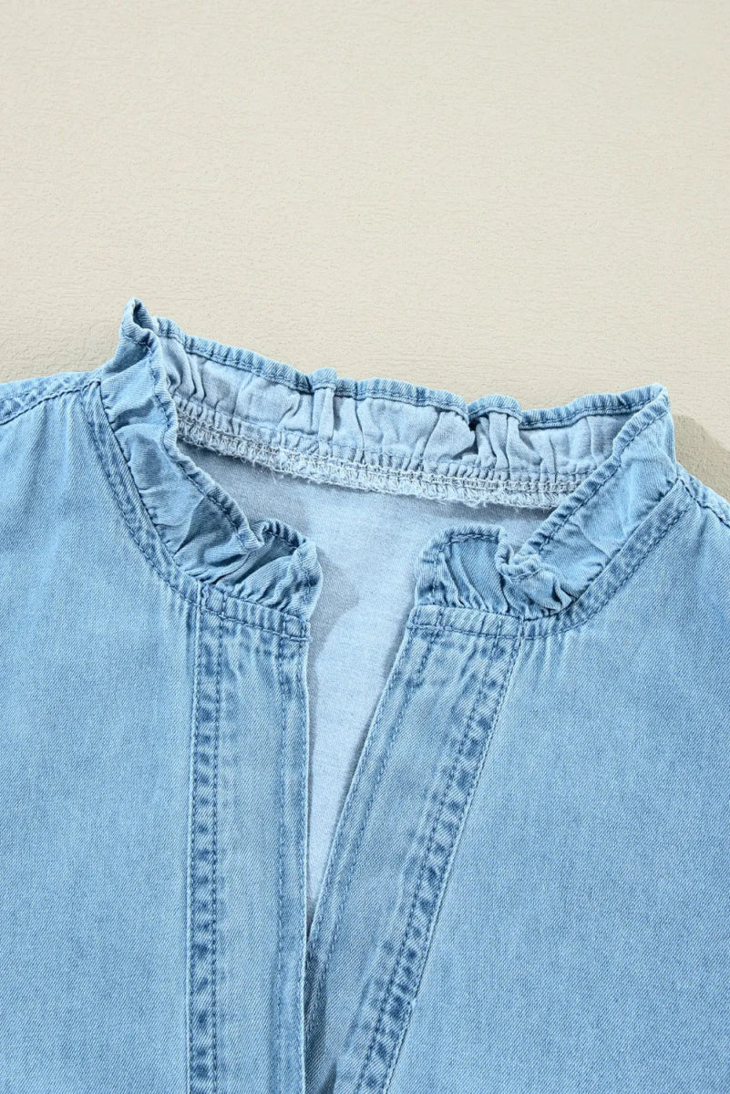 Button Up Notched Long Sleeve Denim Dress - Denim Dress