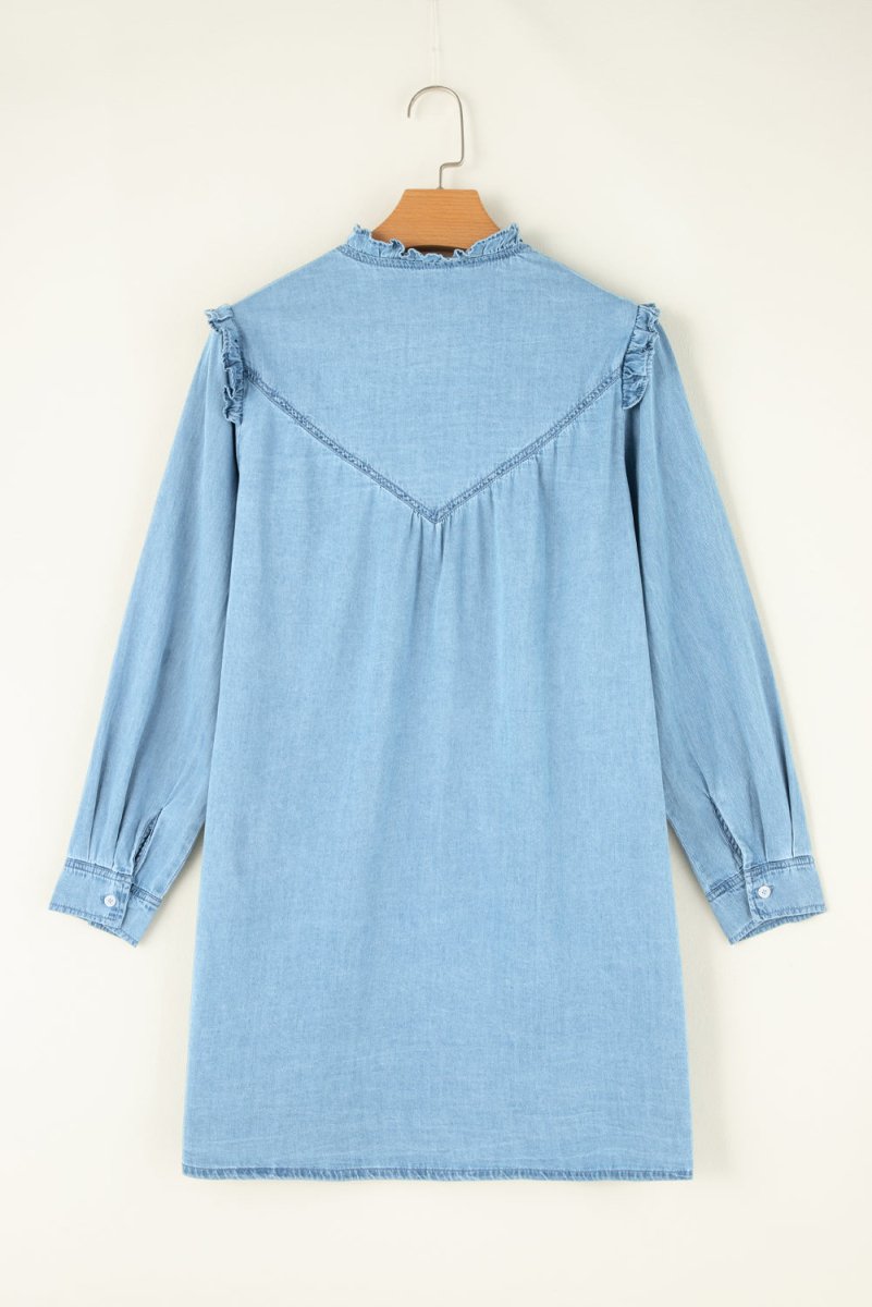 Button Up Notched Long Sleeve Denim Dress - Denim Dress