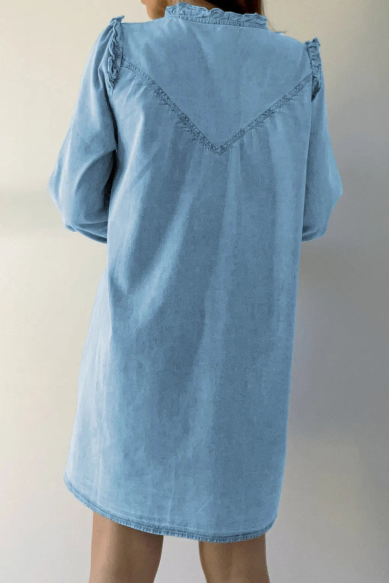 Button Up Notched Long Sleeve Denim Dress - Denim Dress