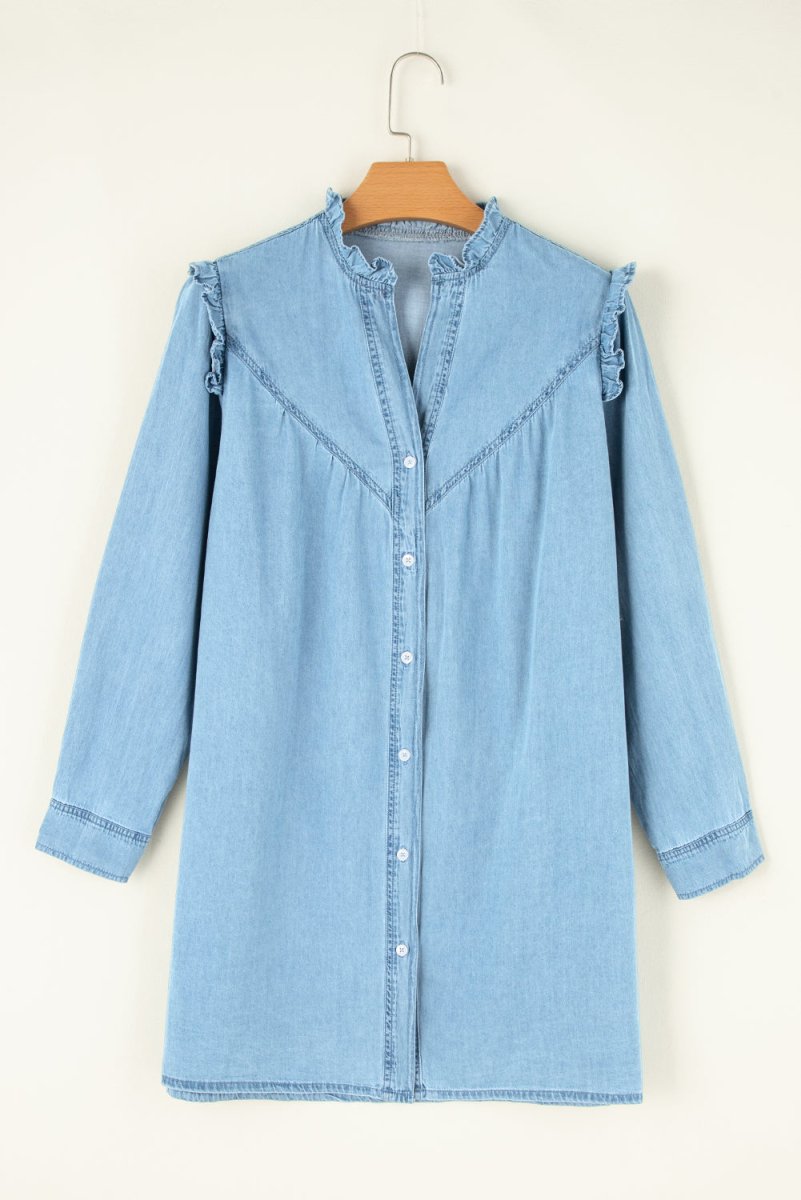 Button Up Notched Long Sleeve Denim Dress - Denim Dress