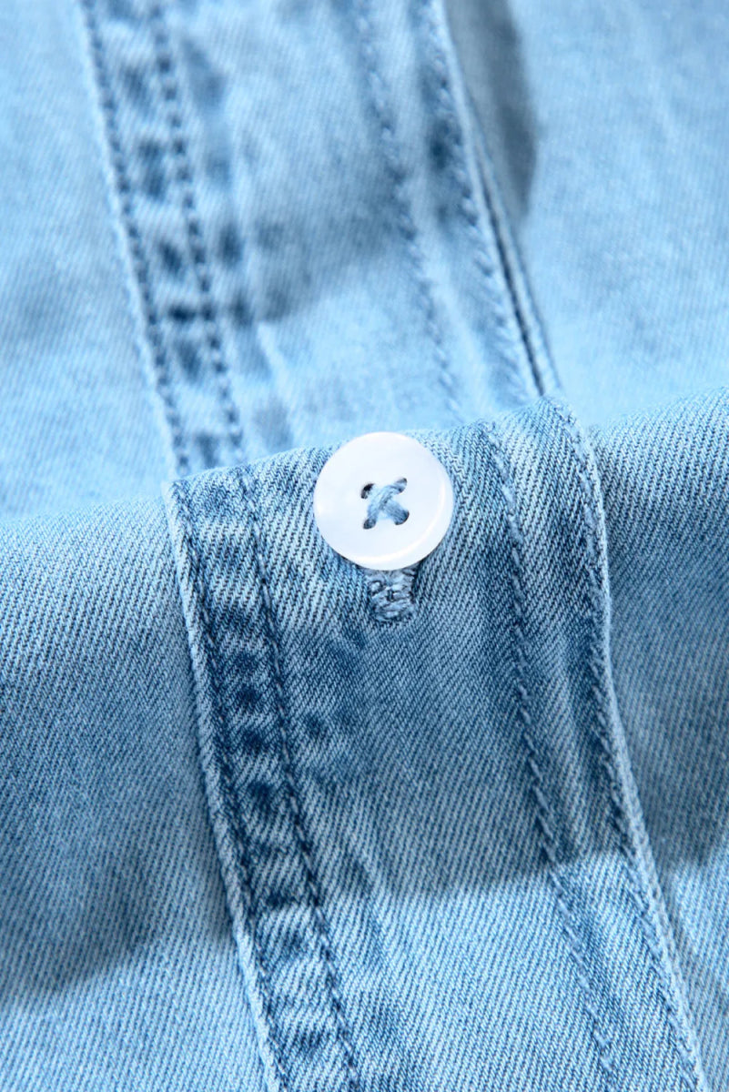 Button Up Notched Long Sleeve Denim Dress - Denim Dress