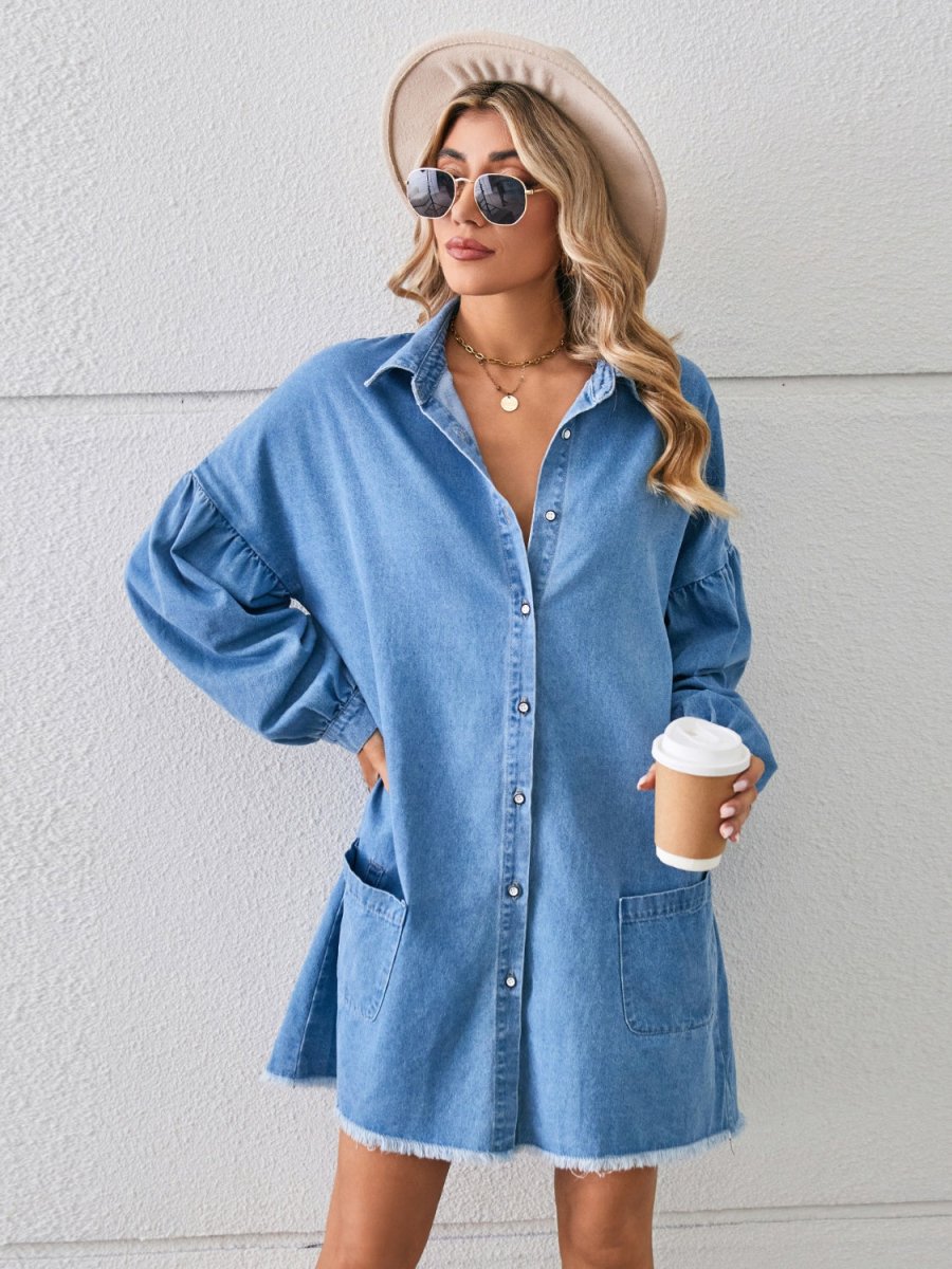 Button Up Pocketed Raw Hem Denim Dress - Denim Dress