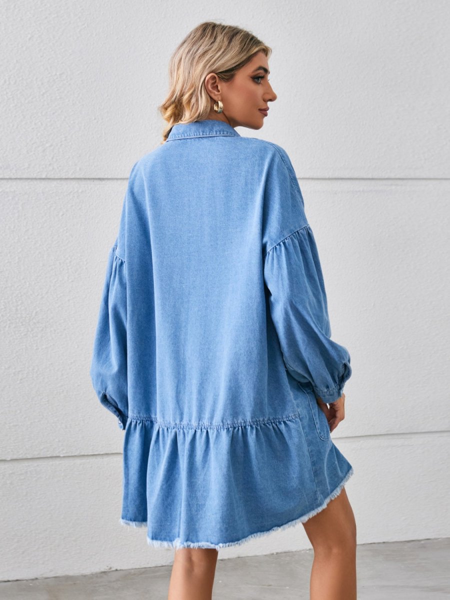Button Up Pocketed Raw Hem Denim Dress - Denim Dress