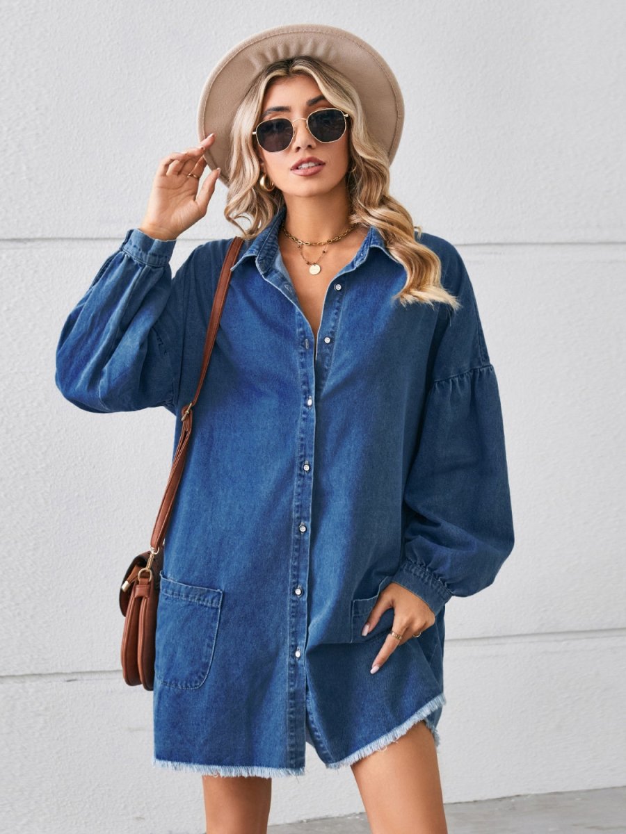 Button Up Pocketed Raw Hem Denim Dress - Denim Dress