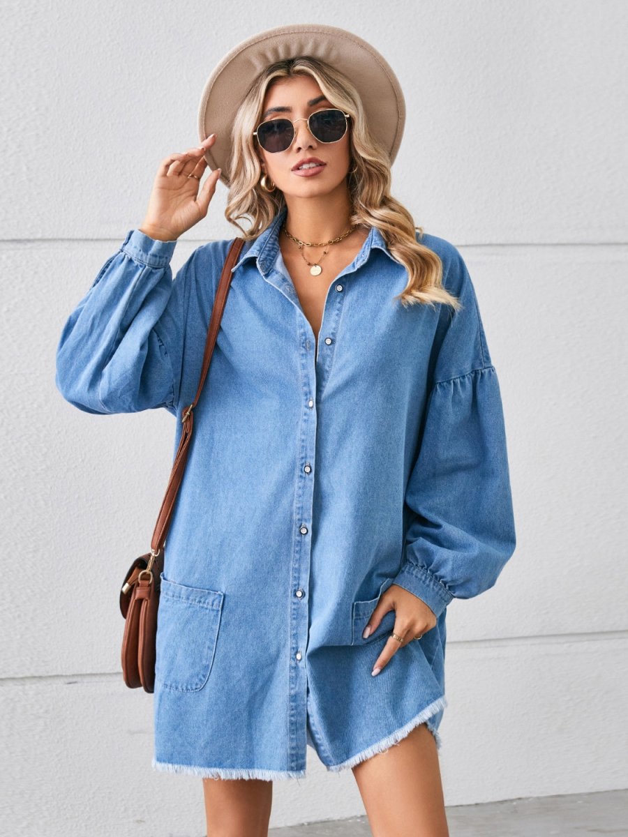Button Up Pocketed Raw Hem Denim Dress - Denim Dress