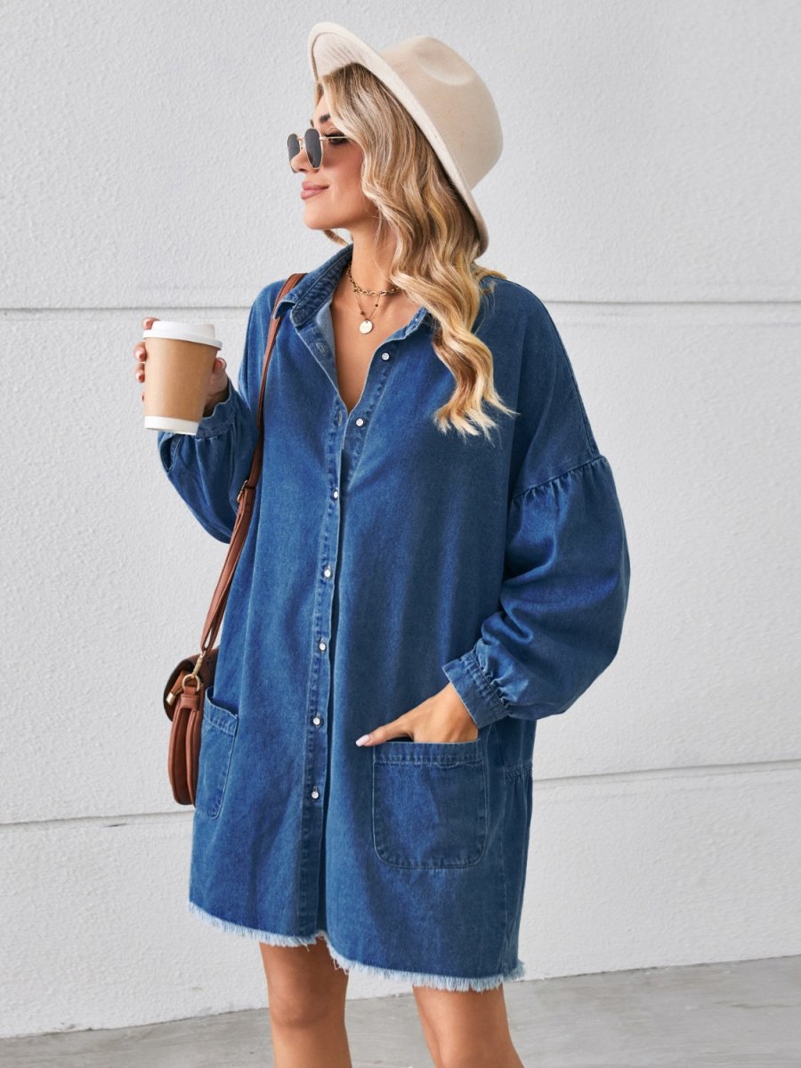 Button Up Pocketed Raw Hem Denim Dress - Denim Dress
