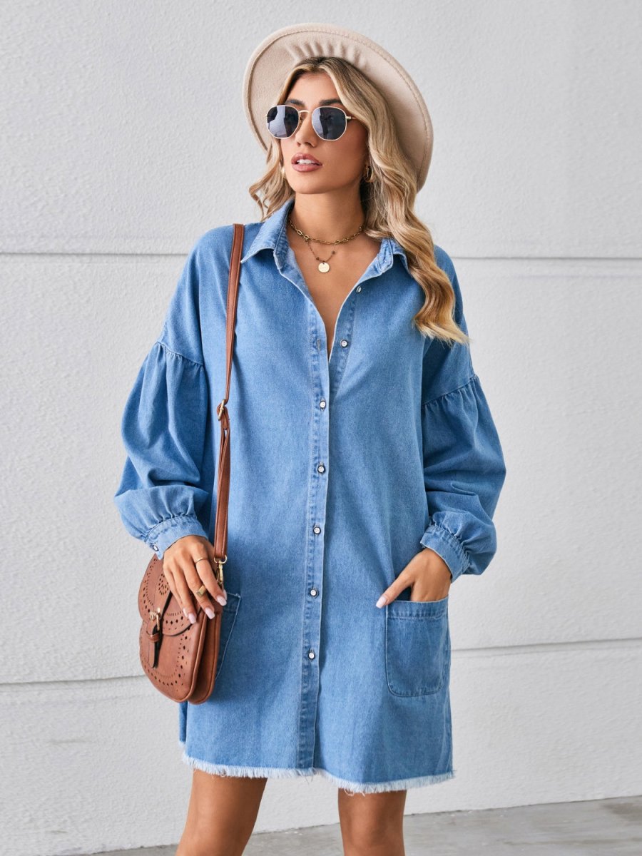 Button Up Pocketed Raw Hem Denim Dress - Denim Dress
