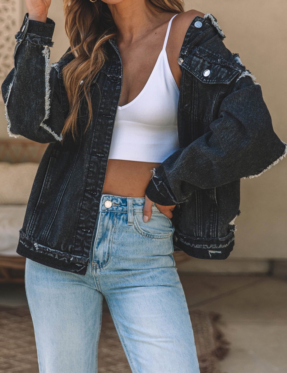 Button Up Raw Hem Distressed Denim Jacket - Outerwear