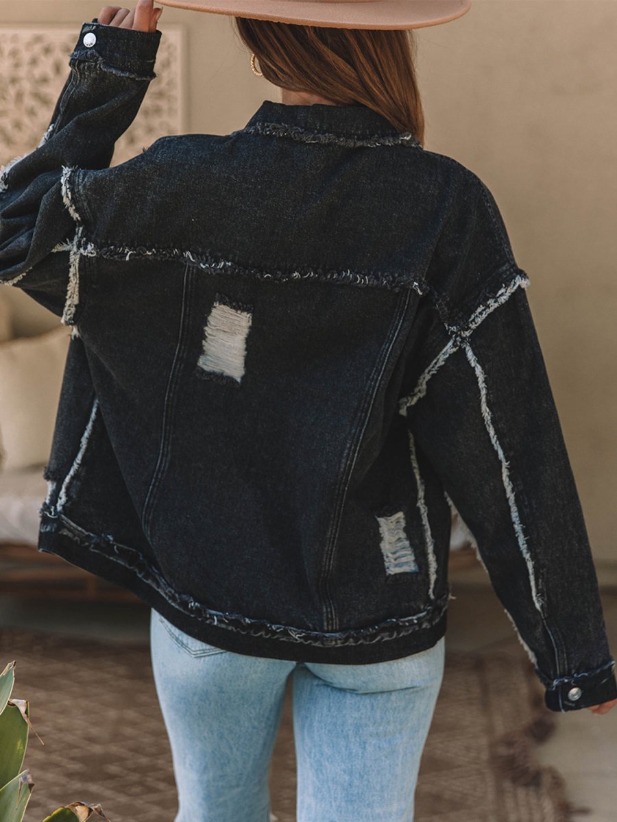 Button Up Raw Hem Distressed Denim Jacket - Outerwear