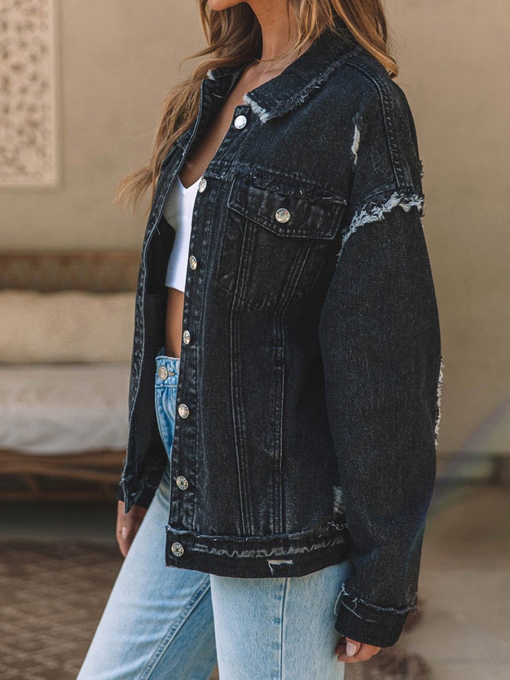 Button Up Raw Hem Distressed Denim Jacket - Outerwear