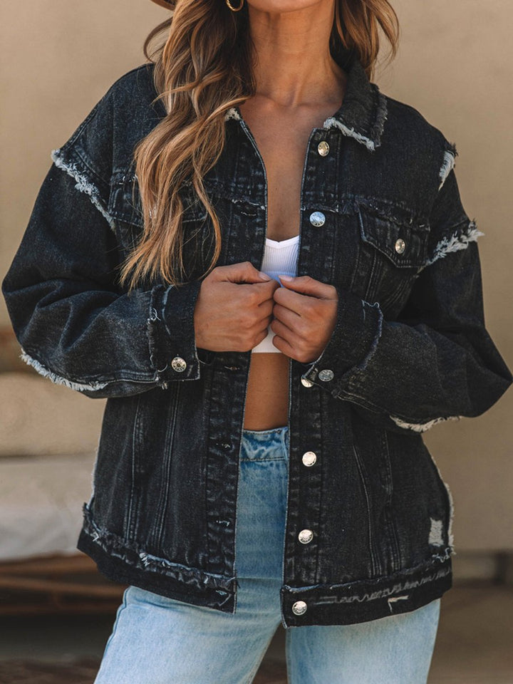 Button Up Raw Hem Distressed Denim Jacket - Outerwear