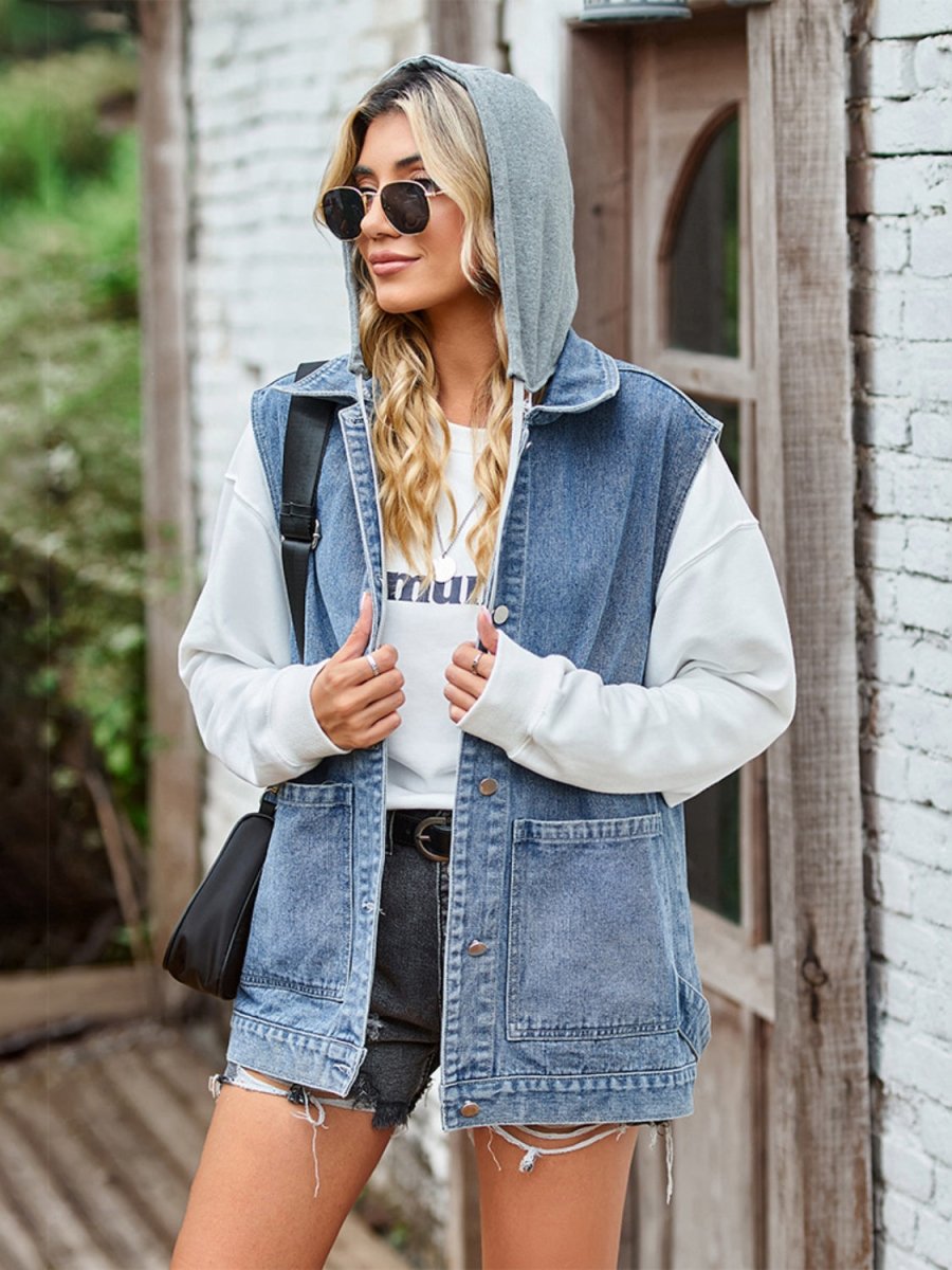 Button Up Sleeveless Denim Jacket with Pockets - Outerwear