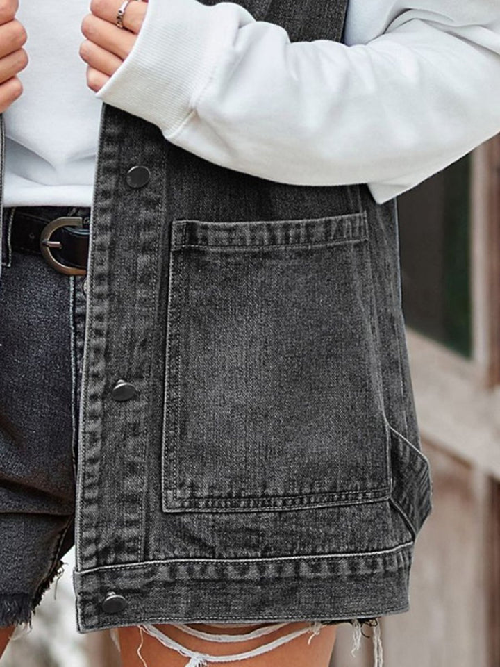 Button Up Sleeveless Denim Jacket with Pockets - Outerwear