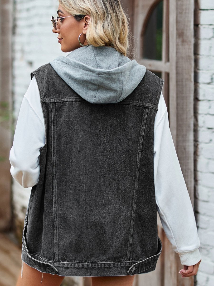 Button Up Sleeveless Denim Jacket with Pockets - Outerwear