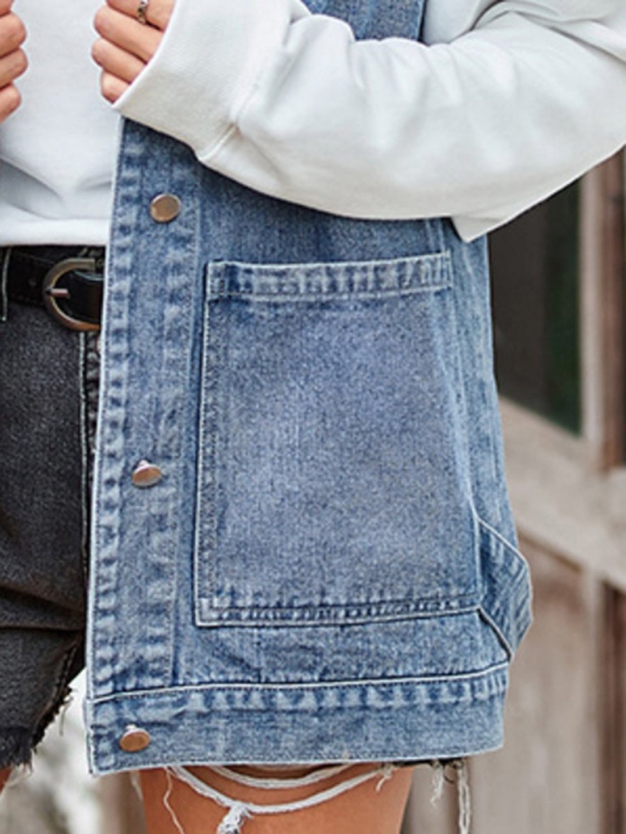 Button Up Sleeveless Denim Jacket with Pockets - Outerwear