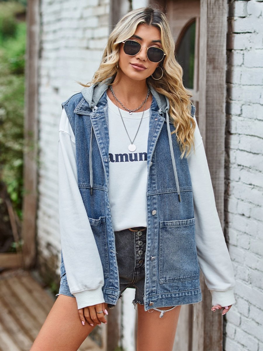 Button Up Sleeveless Denim Jacket with Pockets - Outerwear