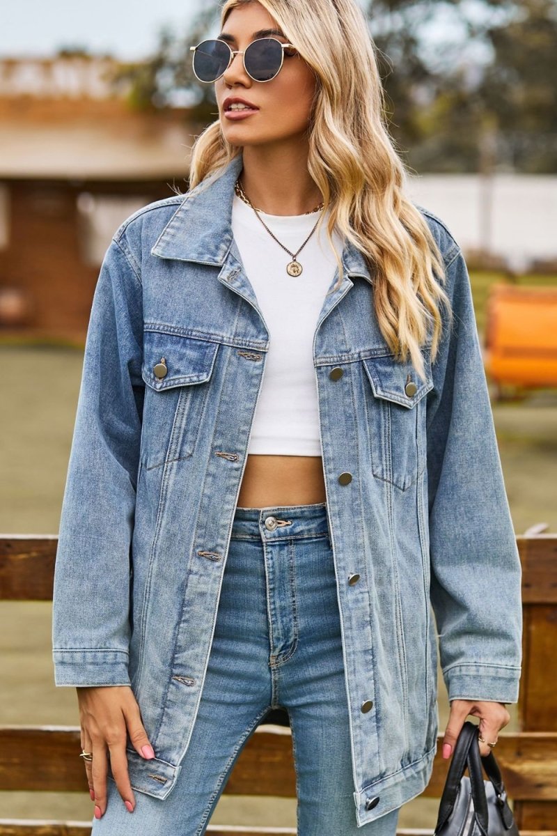 Buttoned Collared Neck Denim Jacket with Pockets - Outerwear