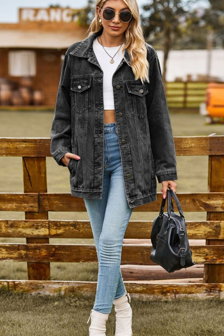 Buttoned Collared Neck Denim Jacket with Pockets - Outerwear
