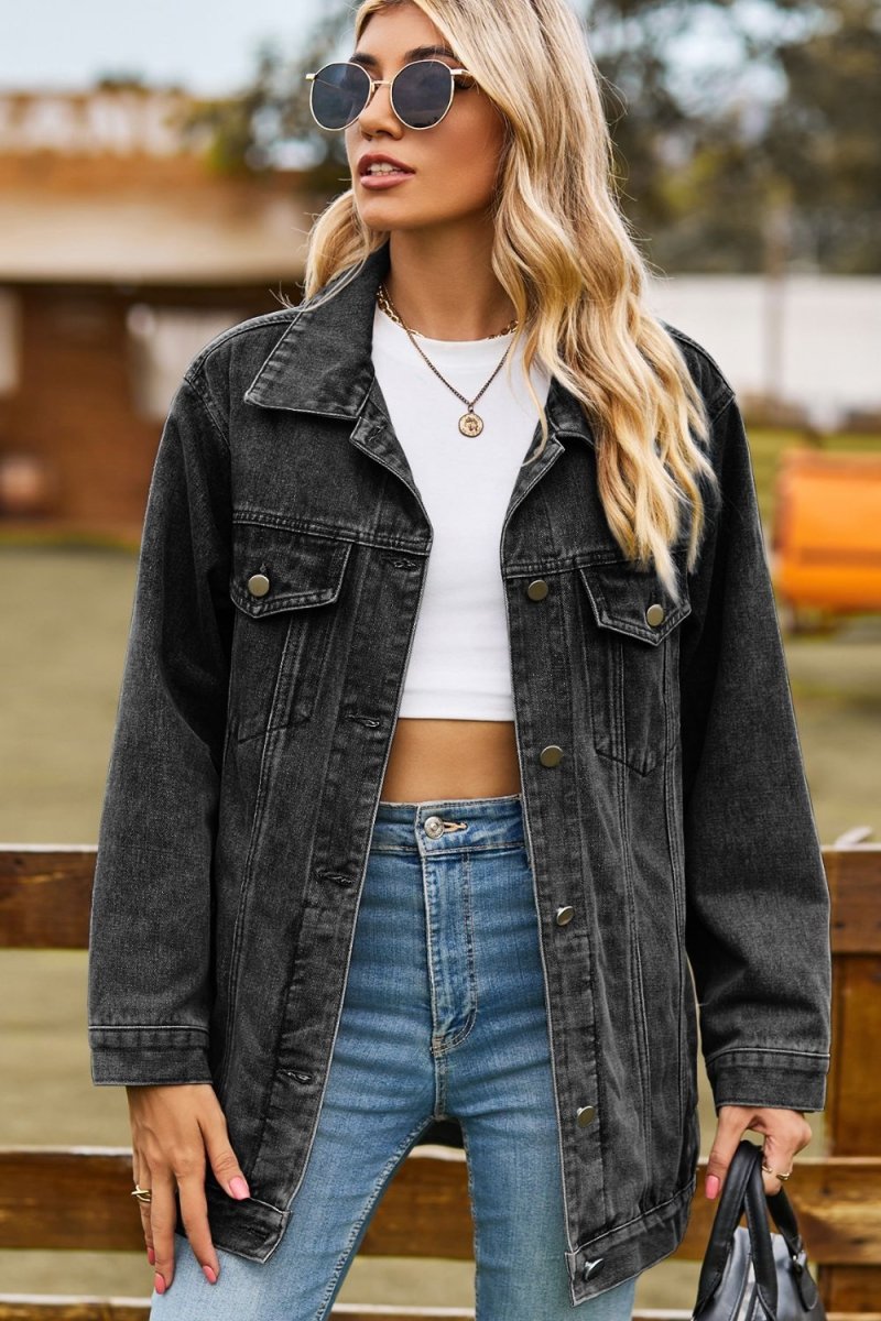 Buttoned Collared Neck Denim Jacket with Pockets - Outerwear