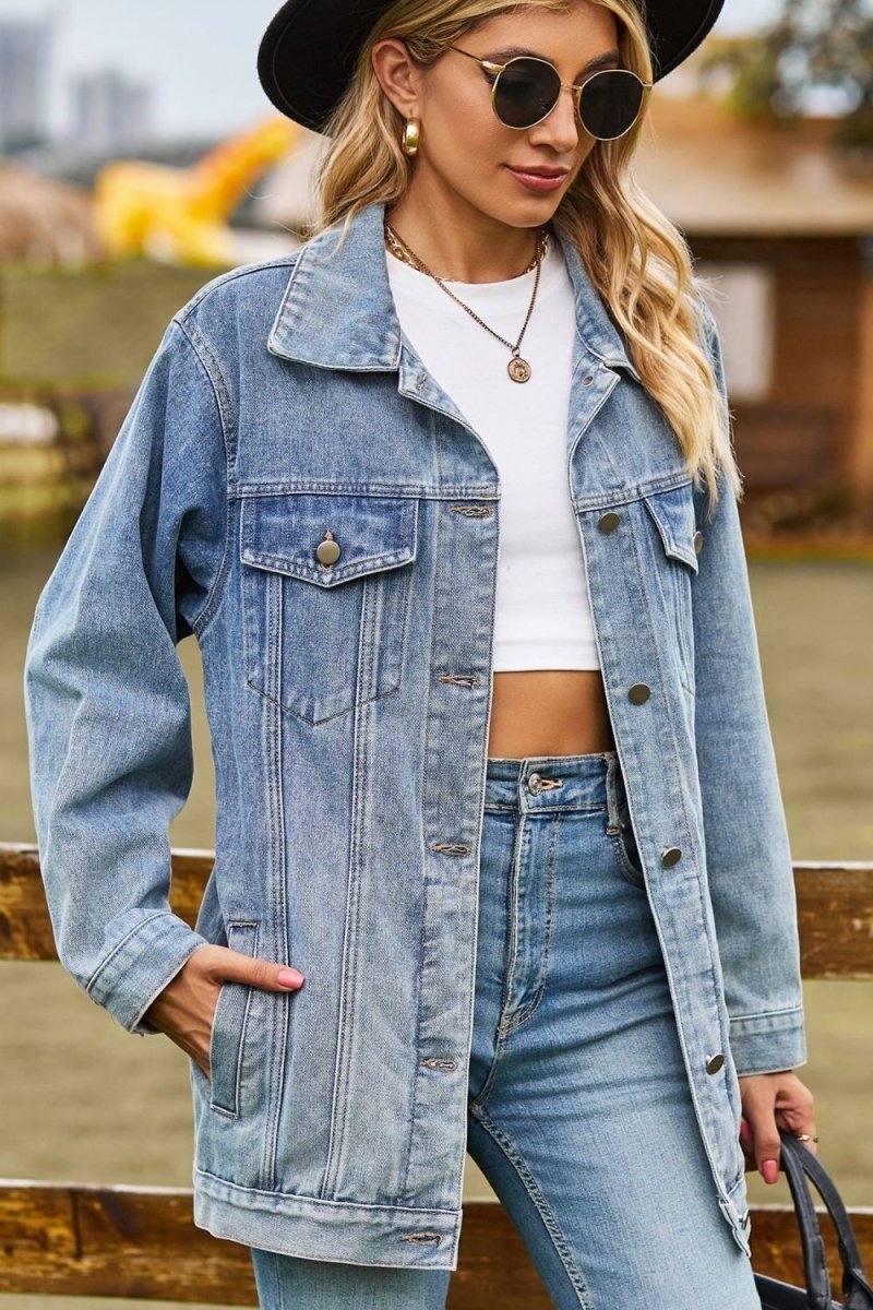 Buttoned Collared Neck Denim Jacket with Pockets - Outerwear