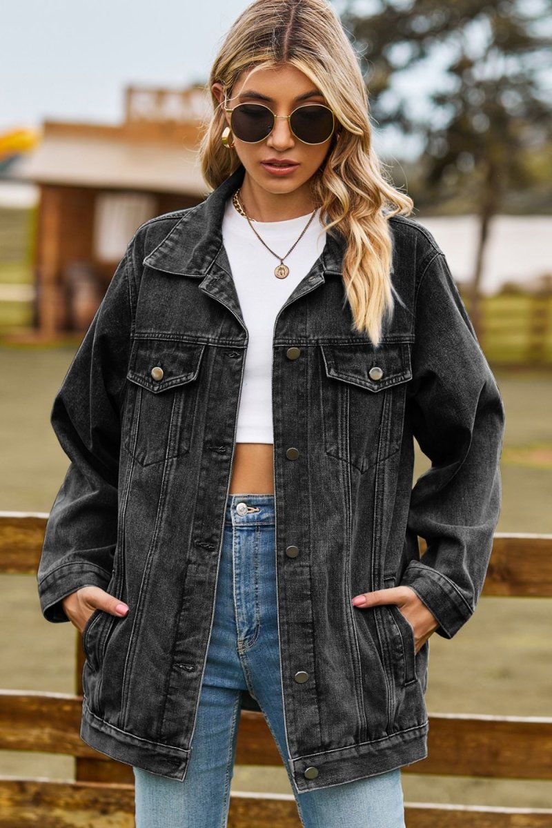 Buttoned Collared Neck Denim Jacket with Pockets - Outerwear