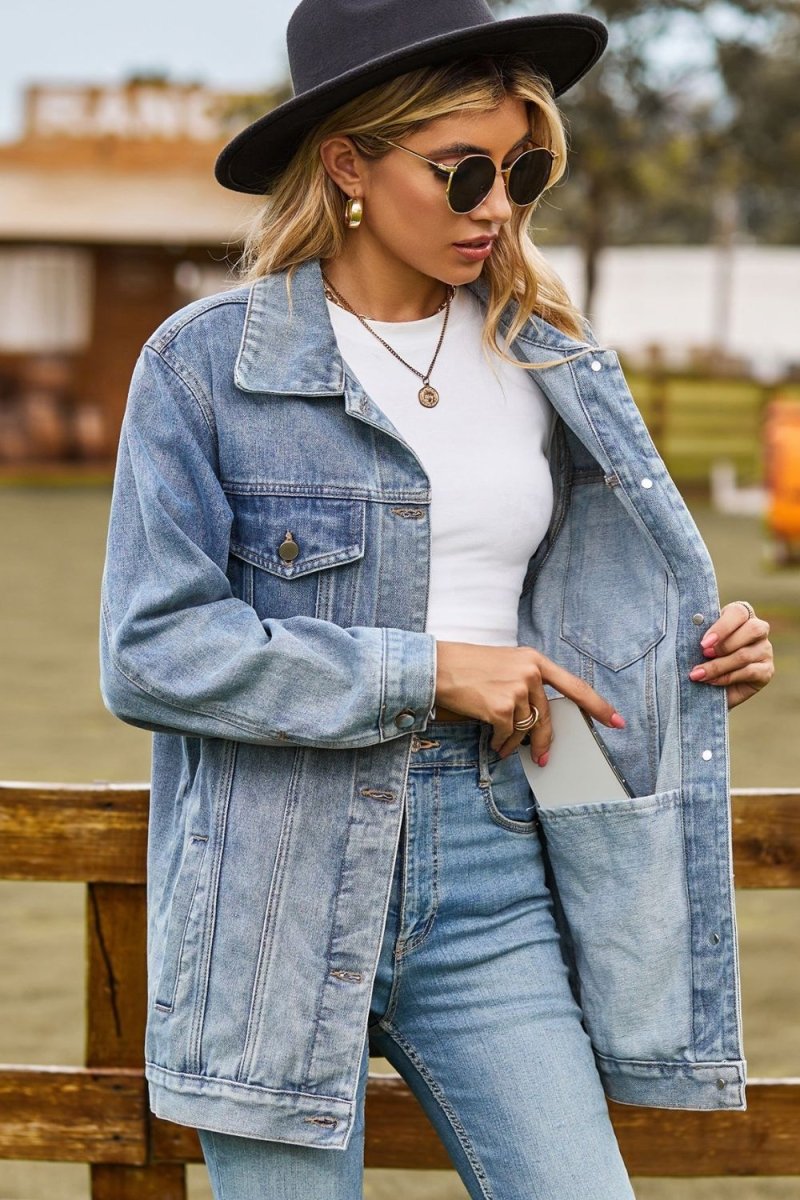 Buttoned Collared Neck Denim Jacket with Pockets - Outerwear