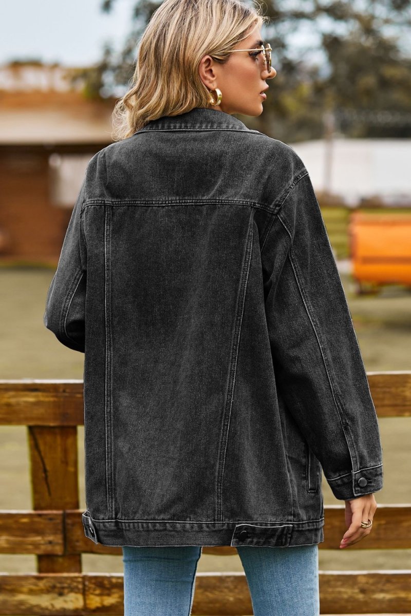 Buttoned Collared Neck Denim Jacket with Pockets - Outerwear
