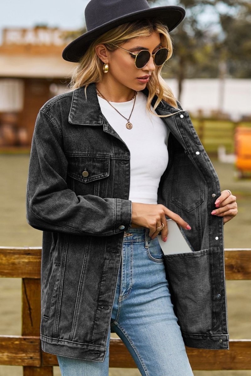 Buttoned Collared Neck Denim Jacket with Pockets - Outerwear