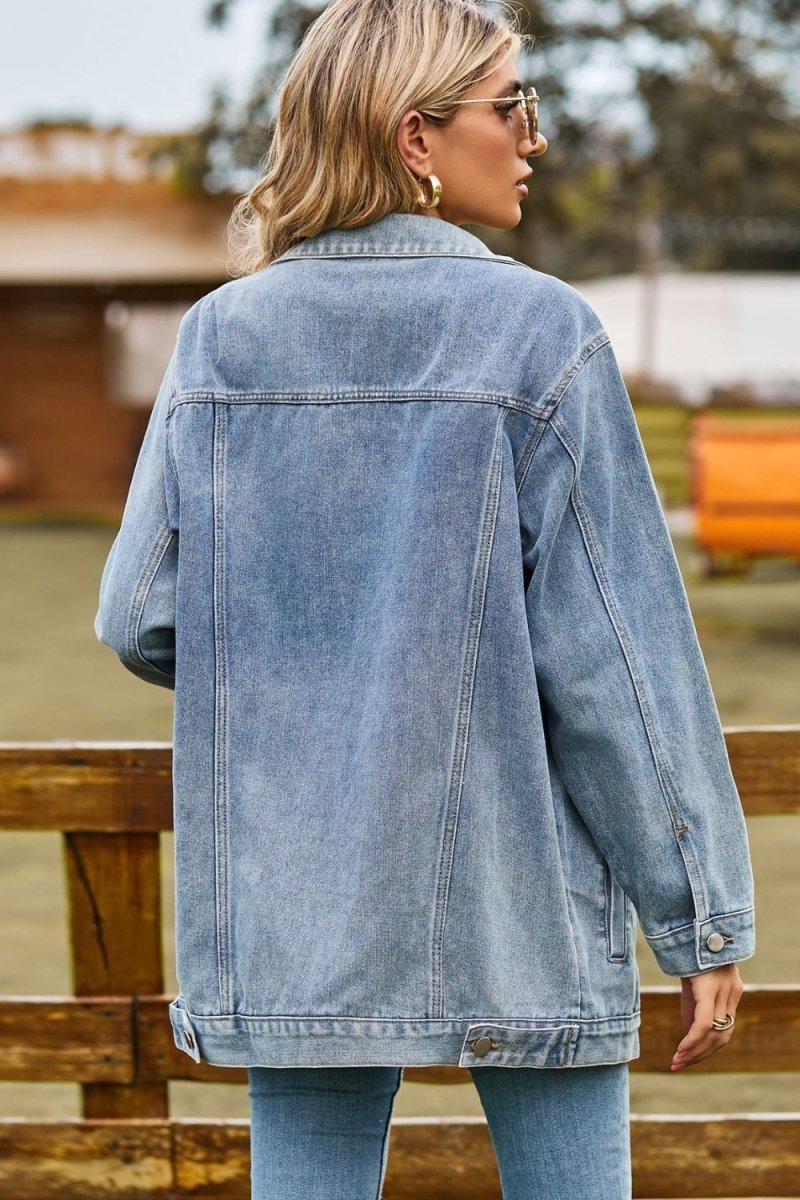 Buttoned Collared Neck Denim Jacket with Pockets - Outerwear