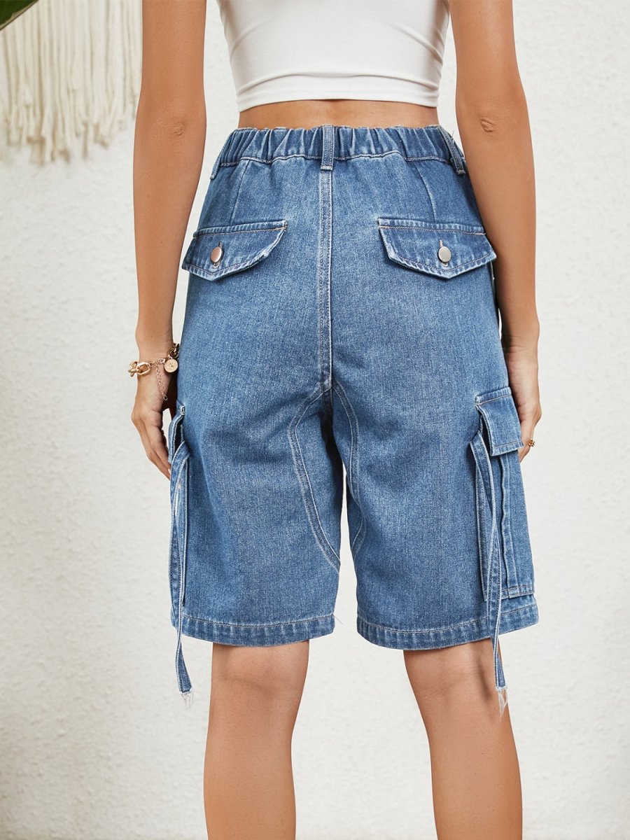 Buttoned Elastic Waist Denim Shorts with Pockets - Bottoms