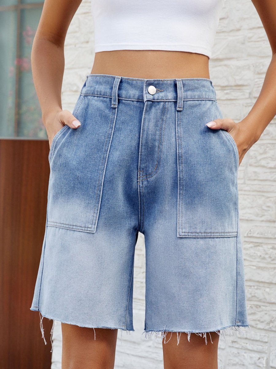 Buttoned Raw Hem Denim Shorts with Pockets - Bottoms