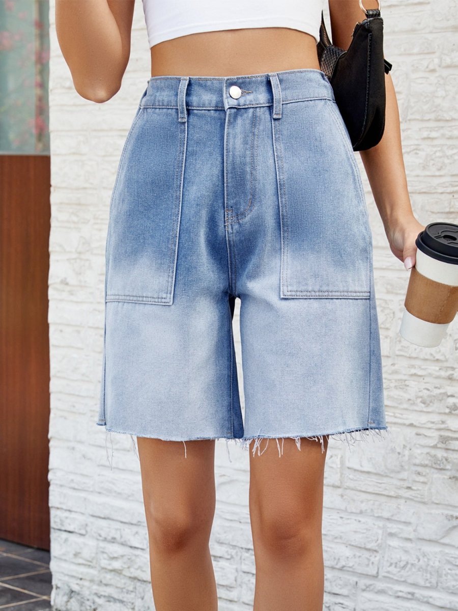 Buttoned Raw Hem Denim Shorts with Pockets - Bottoms