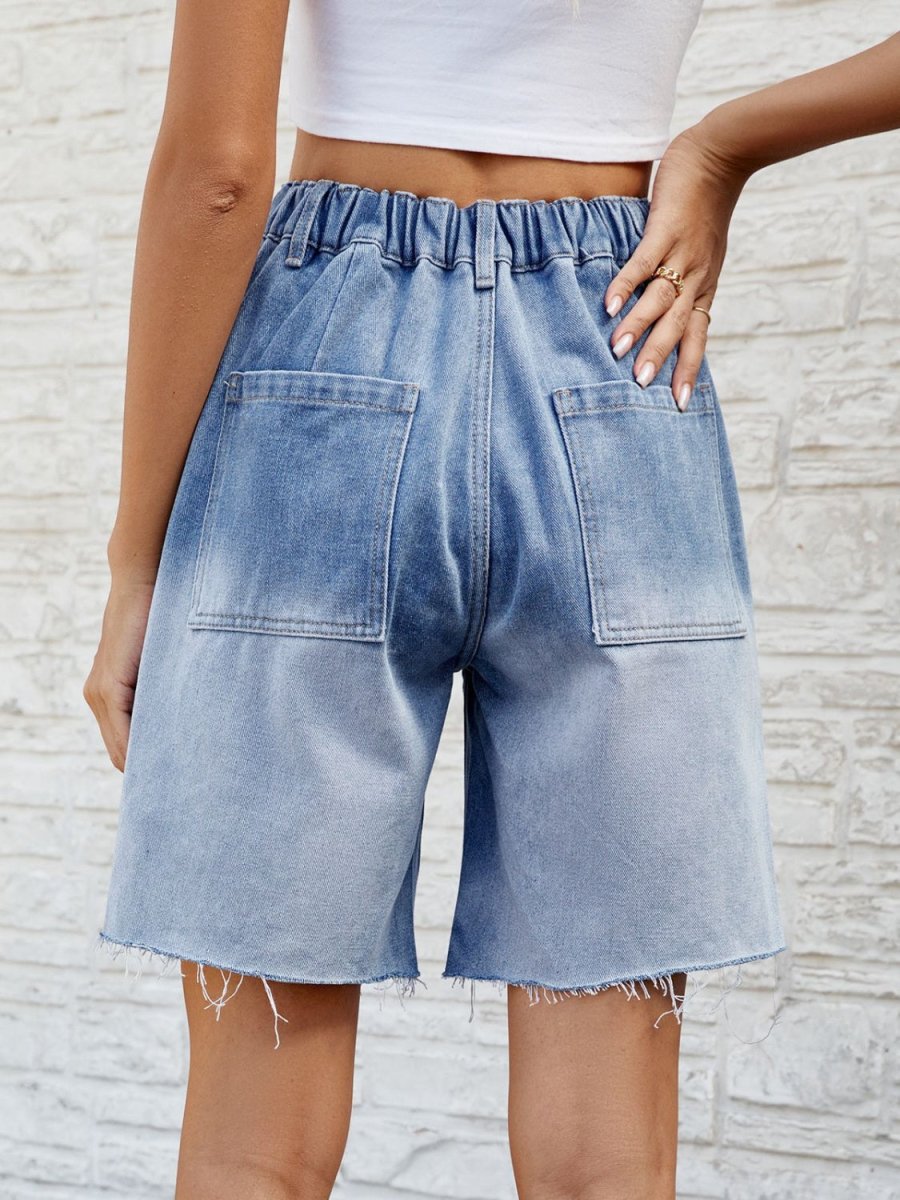 Buttoned Raw Hem Denim Shorts with Pockets - Bottoms